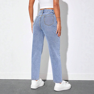 Jeans de Pierna Recta de Color Azul Claro, Elásticos, de Cintura Alta, Informales, para Mujer, Talla Europea y Americana - Product Image 4