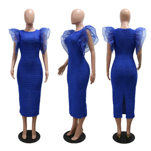 Abito nero <span class=keywords><strong>blu</strong></span> donna Midi di alta qualità manica con volant donna matura <span class=keywords><strong>vestito</strong></span> stretto tinta unita abito tradizionale africano - Product Image 6