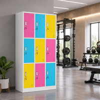 Casier en acier coloré à 9 portes pour école, bureau, salle de sport, dortoir, avec portes sécurisées, trous de ventilation et structure métallique compacte