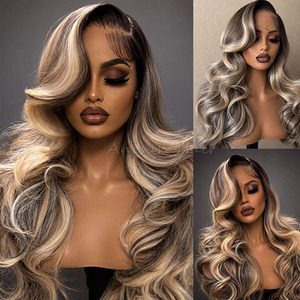 Parrucche Frontali in Pizzo 13x4 13x6 All'ingrosso, Ombre Biondo <span class=keywords><strong>Cenere</strong></span> con Radici Scure, Ondulate, in <span class=keywords><strong>Capelli</strong></span> Umani - Product Image 1