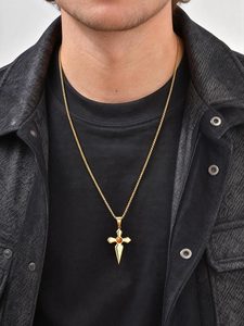 Collana con Ciondolo a Croce in Pietra Naturale Occhio <span class=keywords><strong>di</strong></span> Tigre, Catena in Acciaio Inossidabile Placcato Oro Personalizzata, Accessori <span class=keywords><strong>Maschili</strong></span> MGXL573 - Product Image 4