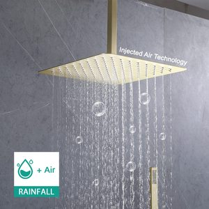 Sistema doccia a pioggia in oro spazzolato termostatico a manico singolo montato a soffitto per massaggio portatile ad alta pressione da 16 pollici in testa - Product Image 3