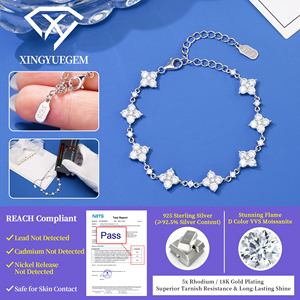 Pulsera Clásica de Plata de Ley 925 con Diseño de Flor y Hoja de Trébol, Cadena de Eslabones, Completamente Adornada con Moissanita VVS, Bañada en Rodio, Certificada por GRA - Product Image 4
