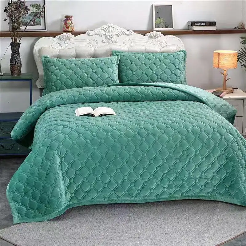 Conjunto de edredon de cama acolchoado, cobertor para cama acolchoado, itens de veludo com cristal, cor sólida, cobertor, três peças
