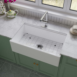 Fregadero de cocina de porcelana de 33 pulgadas, blanco, de arcilla refractaria, con frente de delantal acanalado estilo granja, de un solo tazón, hecho <span class=keywords><strong>a</strong></span> mano, moderno - Product Image 5