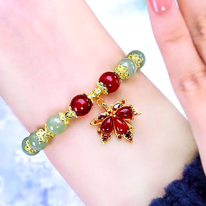 <b>Red</b> Agate Maple Leaf <b>Bracelet</b> For Women Jade Beaded Jewelry Gift With Claw Setting Zinc Alloy SL 059 - Product Image 4