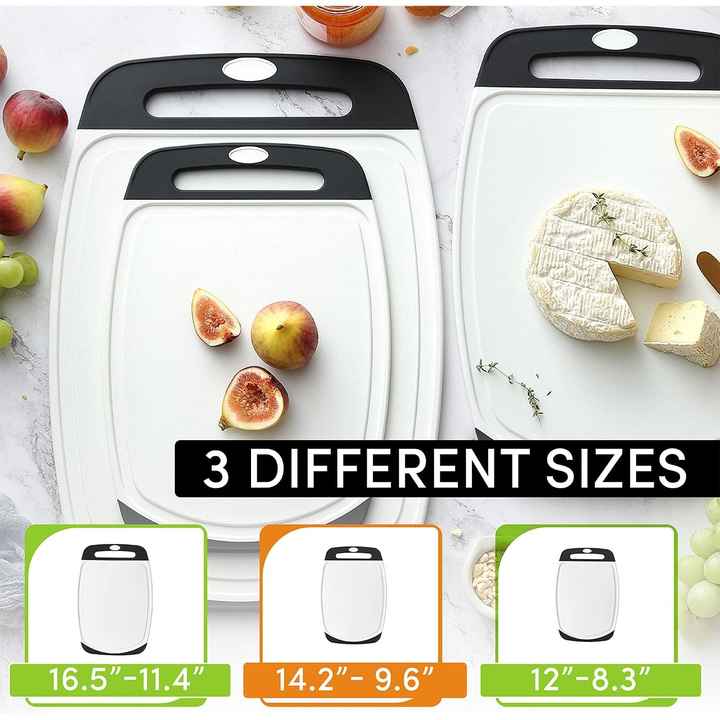 Spring Chef BPA-Free Plastic Cutting Board Set 3-Chopping Boards Juice Grooves Easy Grip Handles Dishwasher Safe Black for