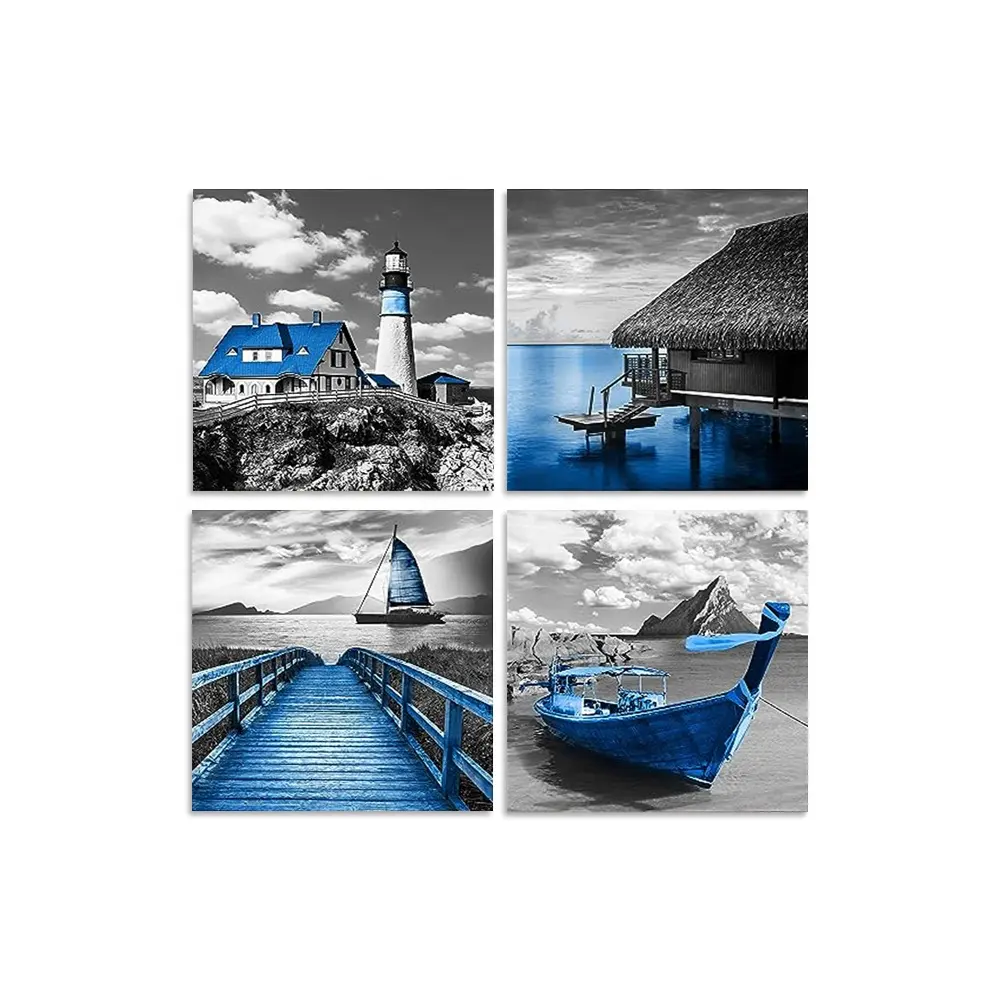 Blue Beach Wall Art Coast Wall Decoration Model Lighthouse Living Room Boat Canvas Sea view picture Home decor