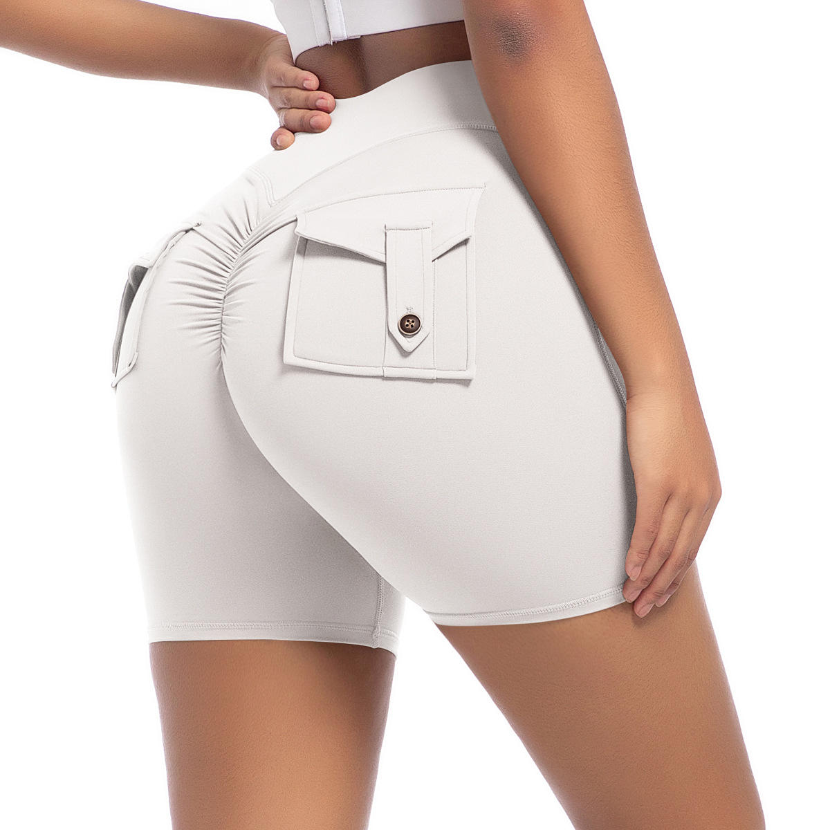 กางเกงขาสั้นกระเป๋าค็อกเทล6677-สีเทาขาว