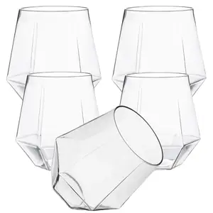 Copas de vino sin tallo de plástico en forma de diamante Desechables 12 Oz Tazas de whisky de vino de plástico transparente Taza reciclable inastillable