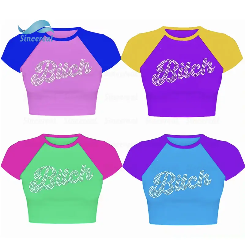 Kaus bayi Crop Logo y2k berlian imitasi musim panas kustom kaus bayi gambar cetak layar katun lengan pendek atasan dasi untuk wanita