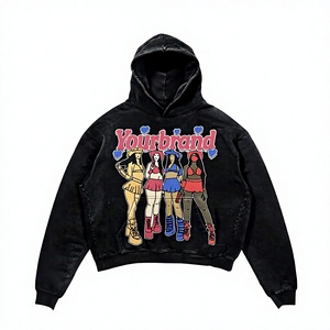 Sudadera con Capucha para Mujer, Lavado Ácido, 420 GSM, Felpa de Algodón Grueso, Negra, Personalizada con Impresión Puff, Serigrafía, Bordado, OEM, ODM - Product Image 1