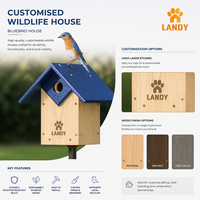 Nichoir écologique pour oiseaux bleus avec poteau, en bois de pin blanc d'Orient naturel, grande boîte à nids pour la décoration de jardin, patio ou extérieur.