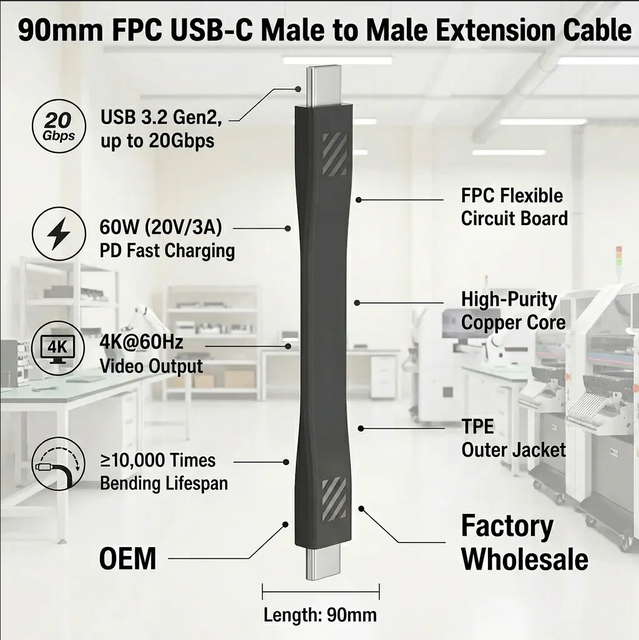 Wholesale Flexible FPC TPE Shielded USB-C Cable 115mm Ultra Short Male Male Extender 4K 60Hz Video 100W Fast Charging Factory