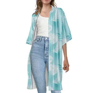 New 2024 Women Cloak Hawaii Palm Monstera Pattern Cardigan Long Kimono Cardigan Cover-Ups Wrap Dress Beach Wear Cover Up Custom