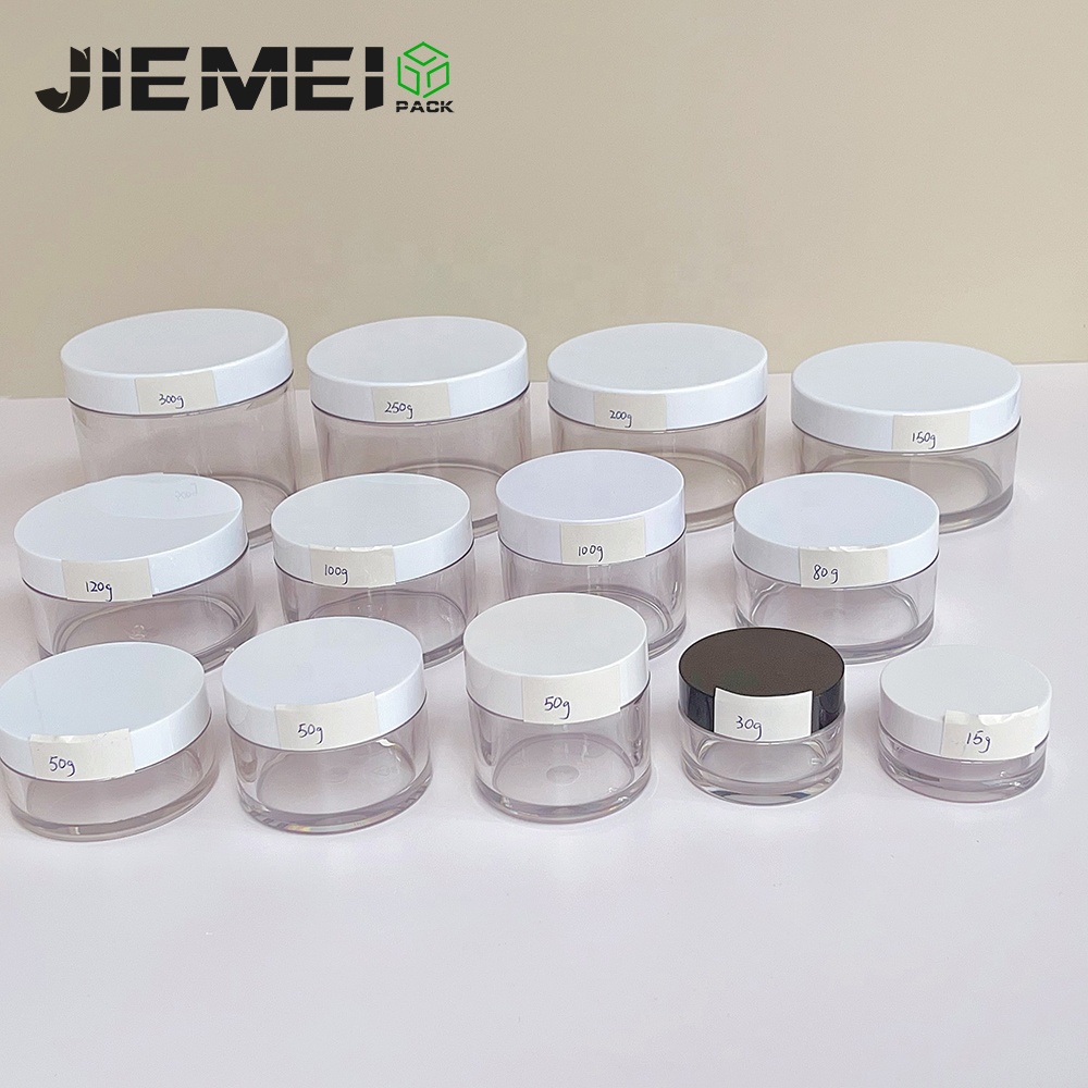 JIE MEI Stock 15g 30g 50g 80g 100g 120g 150g 200g 250g 300g Thick Wall PET Empty Face Cream Jar Custom Logo Body Scrub Container