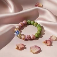 Bracelet en perles de verre Liuli rose et vert imitation antique fait main de 12 mm, avec perles florales bleues, bijoux de yoga et de méditation, vente en gros