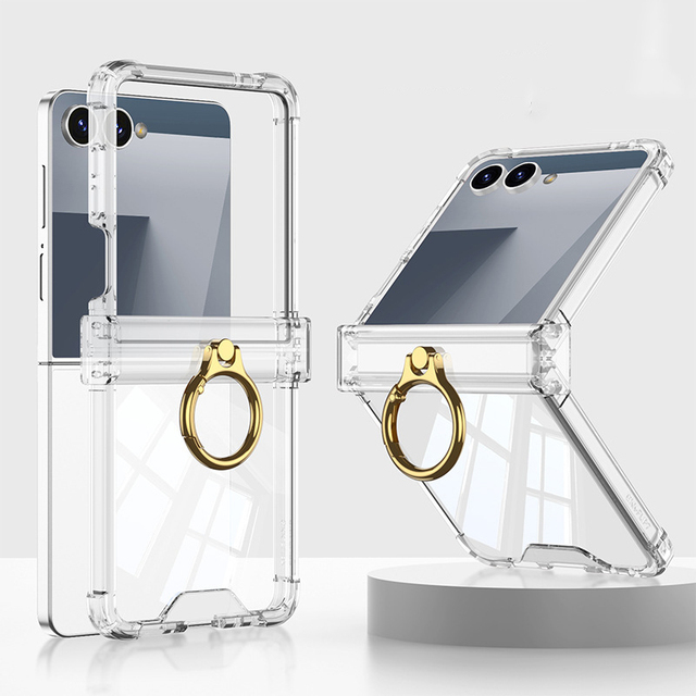 For Samsung Z Flip 7 Case Shockproof Clear PC Ring Holder Phone Case for Samsung Galaxy Z Flip 7 6 5 Built-in Screen Protector