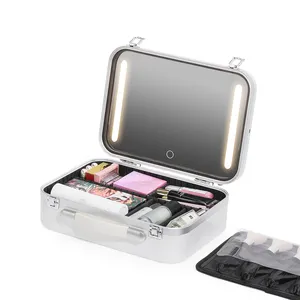 Wholesale price makeup vanity box new professional aluminum travel portable beauty organizer cosmetic case with led light mirror