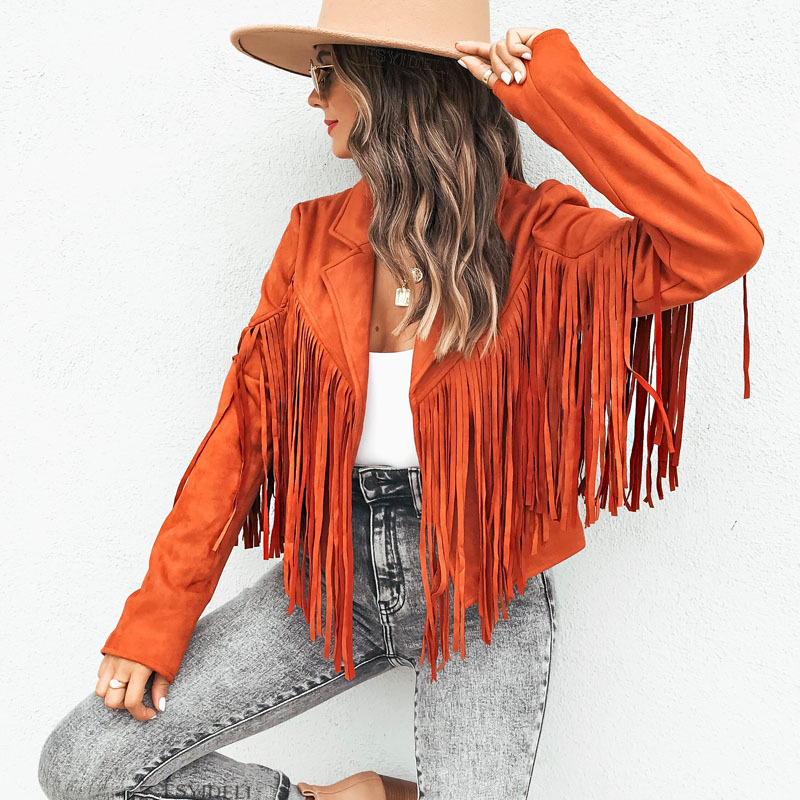 Orange Faux Suede Leather Fringe Jacket Tassel Coat