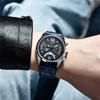 Benyar Montre-Bracelet Homme Chronographe Calendrier Sport Montre Homme Marque de Luxe Cuir Véritable Bleu Horloge Mâle 5171