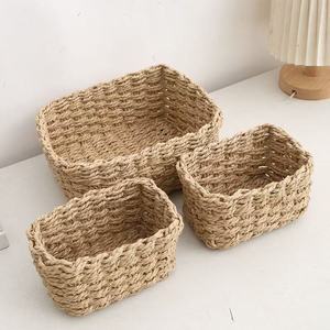 Handmade Woven Paper Rope Storage <b>Basket</b> Rectangle Shape For Desktop Coffee <b>Table</b> Snack And Sundry Organizer - Product Image 1