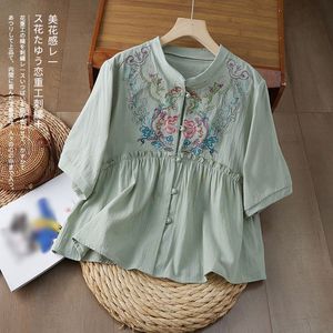 Traditional Chinese Embroidered Cotton Linen Top Women Short Sleeve Loose Fit Purple Ethnic Style Button Front Shirt - Product Image 3