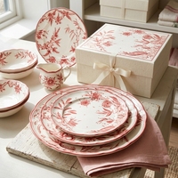 Maßgefertigtes Vintage Rotes Blumenmuster Keramik-Tellerset 6,5/8/10,5/12 Zoll Toile De Jouy Porzellan-Geschirr Hochzeit Hotel Tischdekoration