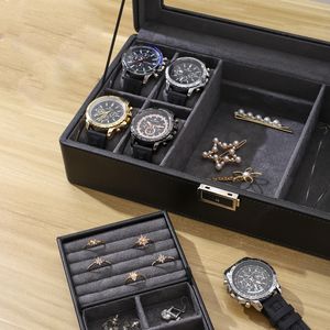 Kotak Perhiasan Mewah 4 Jam Tangan 2 Kacamata Kulit PU Hitam Interior Abu-abu Tempat Penyimpanan dan Pajangan - Product Image 5