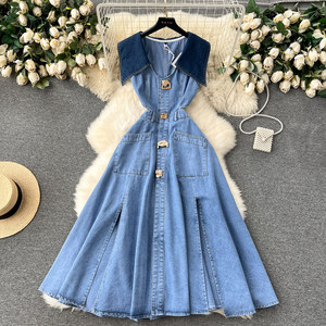 sachin and babi light blue dress baao fashionable Style soft Denim dress Knee Length Sleeveless Dress Plus  Size Casual Denim Dress Sexy One Size Fits Up To Semi Large Dress - Lazada main image 0