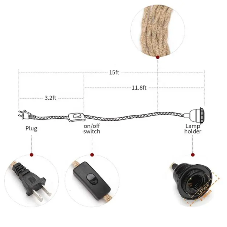 Pendant Light Cord Kit 15FT Hemp Rope With Switch Plug Lamp Holder Socket Vintage Hanging Lighting /Lantern Cord E26/E27