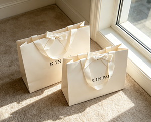 <b>Gift</b> shopping bags made of high quality thickened <b>white</b> cardboard with satin ribbon bow handles finished with lamination - Product Image 5