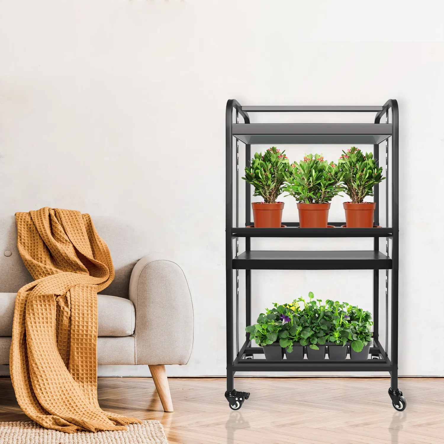 屋内温室2層植物スタンド成長ライトシェルフシステムスペクトル6400k植物用ハーブ多肉植物