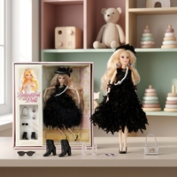 Schwarze Feder-Puppe mit Zubehör Perlenkette Hut Schuhe Handtasche Geschenkbox