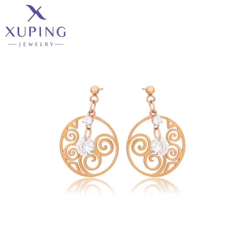 80916 Xuping perhiasan baru penjualan laris modis populer harian keren sederhana berongga moire zircon warna emas mawar anting baja tahan karat