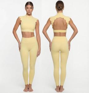 Ladies Hollow Back Scallop Active Wear Yoga Set Sleeveless Crop Top & High Waist Pants Workout Gym Clothes Track Suit
