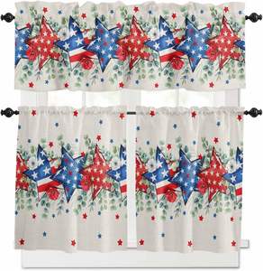 Ensembles de rideaux de <span class=keywords><strong>cuisine</strong></span> et de café 4 juillet Jour de l'Indépendance à motif étoile, 3 pièces, avec feuilles d'eucalyptus, pour petites fenêtres de café - Product Image 1