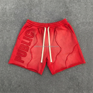 Shorts de jogging pour hommes OEM&ODM en coton épais 100% avec appliques, ourlet brut, style streetwear, délavé soleil, effet monkey wash et cordon de serrage - Product Image 1