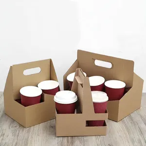 Custom Logo Portable Coffee Paper Cup Holder disposable biodegradable 2/4/6 Cup Drink boba tea cup carrier