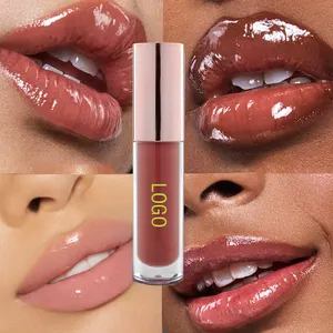 Desain kemasan gratis minyak bibir lipstik cair merah muda Nude Lipgloss bening Vegan pemadat bibir Gloss