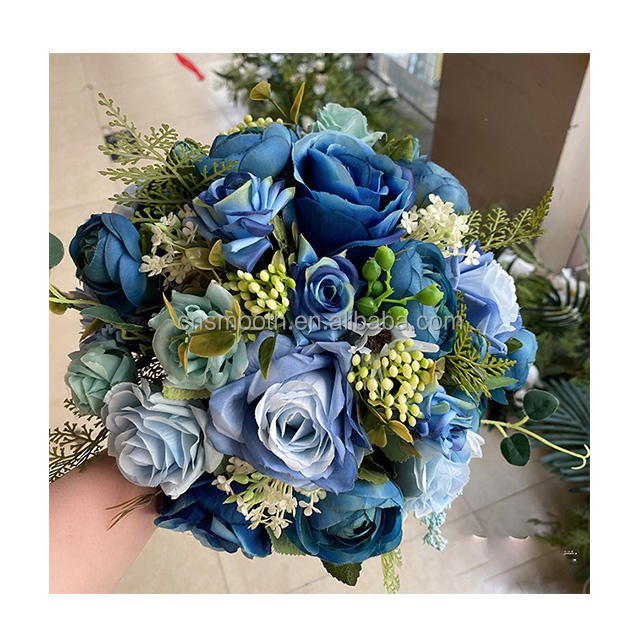 Navy Blue or White Silk Rose Wedding Bouquet Customizable