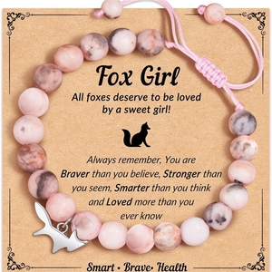 Braccialetto Artigianale da Ragazza <span class=keywords><strong>con</strong></span> Giada Verde, Pietra Zebra Rosa e Ciondolo <span class=keywords><strong>Volpe</strong></span> - Gioiello Trendy <span class=keywords><strong>con</strong></span> Perline, Regalo Perfetto - Product Image 1