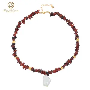 New factory wholesale natural gravel garnet handmade beaded baroque pearl necklace