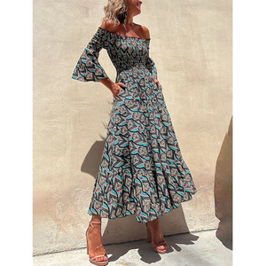 On01237 Vestido estampado europeo y americano para mujer, con hombros descubiertos, entallado en la cintura, adelgazante, moderno, ajustado y versátil, en stock. - Product Image 1