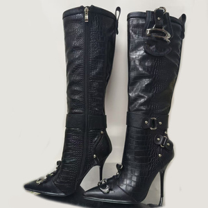 Women's Metal Decor Knee High <b>Boots</b> Pointed Toe Animal Print Long Booties Stiletto Side Zipper Stage Shoes - Product Image 6