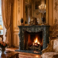 Cheminée en marbre sur mesure, moderne, sculptée à la main, luxe, en marbre Verde Alpi, avec manteau de cheminée en marbre
