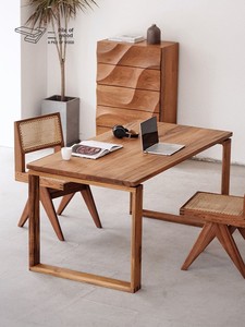 Table à manger rectangulaire en teck africain massif, style nordique, pour petit appartement, meubles de salle à manger - Product Image 1