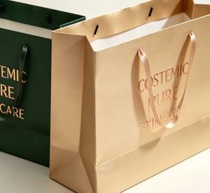 Custom printed personalized shopping paper <b>bags</b> With Ribbon Handles Gold Stamp Printing Reusable Paper <b>Bag</b> Cosmetic Packaging - Product Image 3
