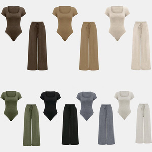 Women's Solid-Color Ribbed Casual Jumpsuit & Pants Casual 2-Piece <b>Set</b> Fashion - Product Image 2