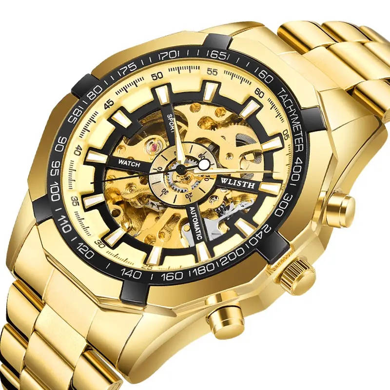 Automatic mechanical watches men wrist luxury skeleton gold stainless steel strap chain watch band wholesale jewelry for men